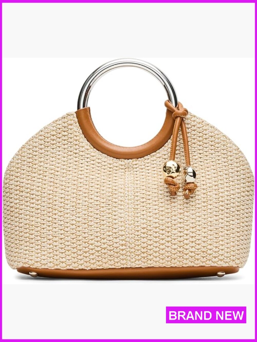 O-Ring Top Handle Bag Straw Crossbody Straw Bag Summer Straw Handbag Shoulder - Picture 1 of 5